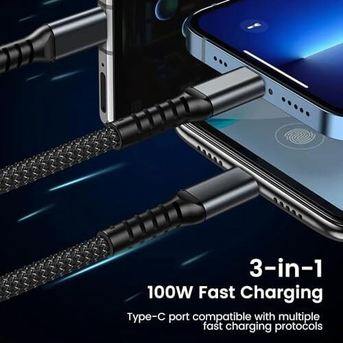 Dhriya 100W/6A Fast Charging Usb 3.0 Cable 4 Ft / 1.2M To 3-In-1 Long Charging Cord With Type C + Micro Usb + Connector 480 Mbps Data Transfer For Laptop, Tablets, Smartphones & More