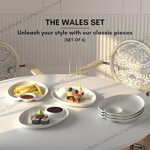 Castleite Wales Multi-Purpose Kitchen Serving Platter Deluxe Melamine Crockery Set Of 6 - Versatile Chip And Dip Dish For Snacks, Starters & Desserts (Marble White)