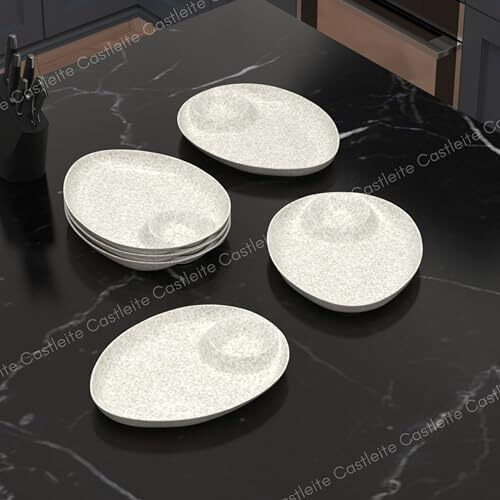 Castleite Wales Multi-Purpose Kitchen Serving Platter Deluxe Melamine Crockery Set Of 6 - Versatile Chip And Dip Dish For Snacks, Starters & Desserts (Marble White)