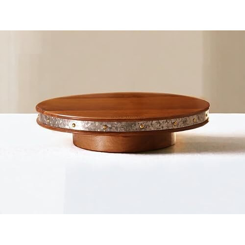 Vesta Homes Round Wooden 360 Degree Rotating Cake Stand, Pizza Stand, Dessert Platter, Stand For Dining Table | Diameter - 9.5 Inch, Height - 3 Inch | Handcrafted In India