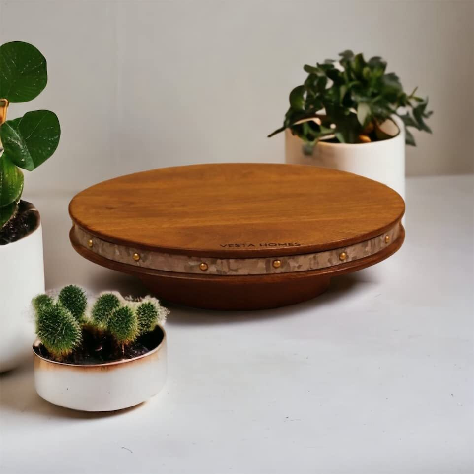 Vesta Homes Round Wooden 360 Degree Rotating Cake Stand, Pizza Stand, Dessert Platter, Stand For Dining Table | Diameter - 9.5 Inch, Height - 3 Inch | Handcrafted In India