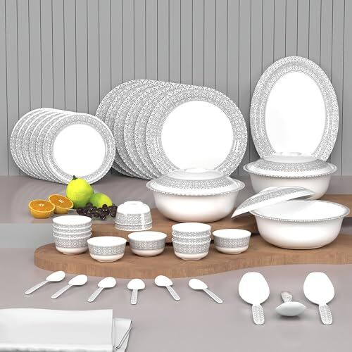 Castleite Piccolo Melamine Dinner Set - Elegant, Break & Stain Resistant, Designer Crockery Dinnerware In Exclusive Edgy Square Shape For Your Own Home Kitchen (Ivory Bloom, Dinner Set 40 Pcs)