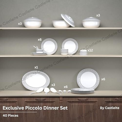 Castleite Piccolo Melamine Dinner Set - Elegant, Break & Stain Resistant, Designer Crockery Dinnerware In Exclusive Edgy Square Shape For Your Own Home Kitchen (Ivory Bloom, Dinner Set 40 Pcs)