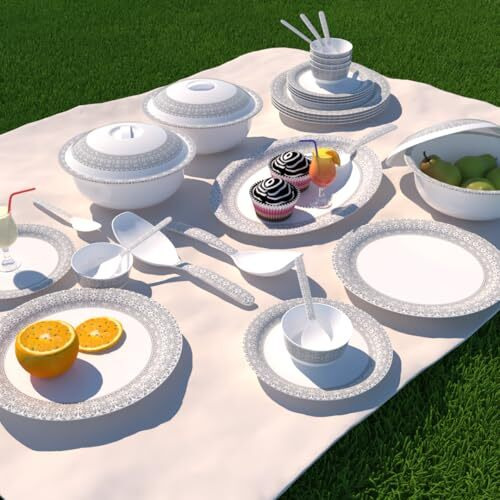 Castleite Piccolo Melamine Dinner Set - Elegant, Break & Stain Resistant, Designer Crockery Dinnerware In Exclusive Edgy Square Shape For Your Own Home Kitchen (Ivory Bloom, Dinner Set 40 Pcs)