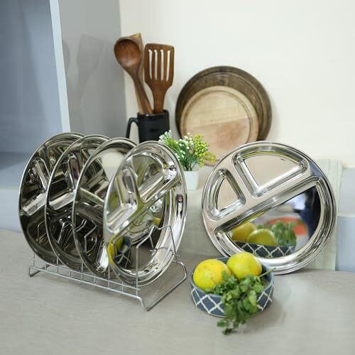 Kanshita's Rasoiware Stainless Steel 3 Compartment, Divided, Partition Lunch/Dinner/Bhojan/Thali Plates (Pack Of 1)