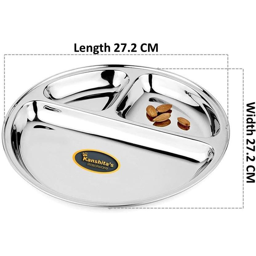 Kanshita's Rasoiware Stainless Steel 3 Compartment, Divided, Partition Lunch/Dinner/Bhojan/Thali Plates (Pack Of 1)