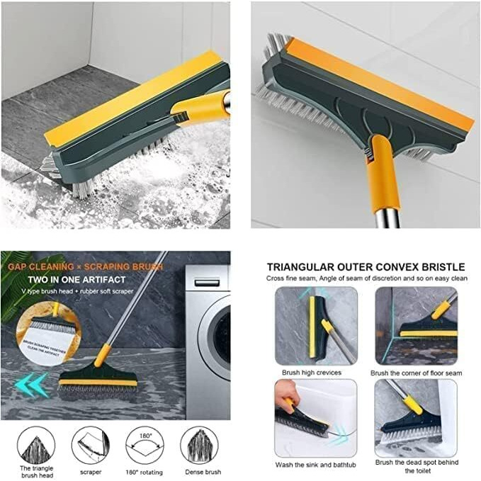 Disone 3-In-1 Bathroom Cleaning Brush With Wiper-Bathroom Cleaning Brush Long Handle 180 Rotate Toilet Brush Bathroom Tiles Cleaning, Wiper Floor Scrub For Kitchen Bathroom Cleaning Accessories