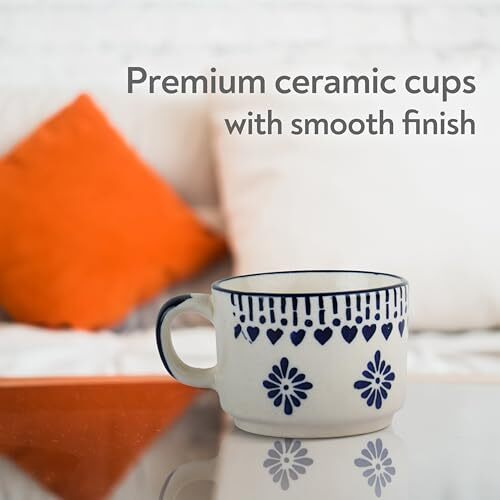 Classyo Ceramic Tea Cup Set Of 6 For Tea, Microwave And Dishwasher Safe, Capacity - 220Ml Each (Blue Floral)