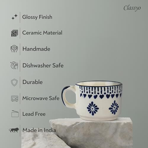 Classyo Ceramic Tea Cup Set Of 6 For Tea, Microwave And Dishwasher Safe, Capacity - 220Ml Each (Blue Floral)