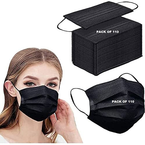 Wisezag Black Surgical Mask Pack Of 110 Pieces Disposable Masks 3 Ply Layer & Nose Clip Ultrasonic Use, Throw Masks Pack Of 100 Pcs Pin 3Ply Unisex, Nonwoven Fabric