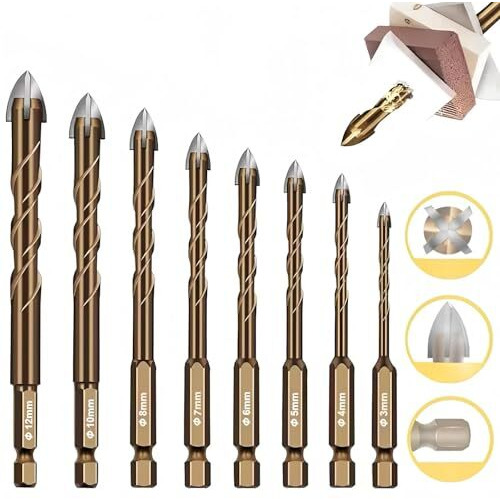 Sunkizzrs 8-Pcs Hex Cross Tile Drill Bits Set3/4/5/6/7/8/10/12MmAlloy Steel Hex Shank High Impact 4-Edge Hole Opener Drill Bits For Ceramic Tiles, Ceramic, Glass, Marble, Concrete, Plastic, Wood