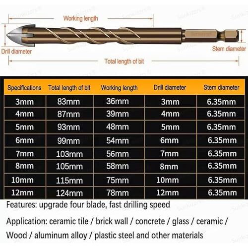 Sunkizzrs 8-Pcs Hex Cross Tile Drill Bits Set3/4/5/6/7/8/10/12MmAlloy Steel Hex Shank High Impact 4-Edge Hole Opener Drill Bits For Ceramic Tiles, Ceramic, Glass, Marble, Concrete, Plastic, Wood