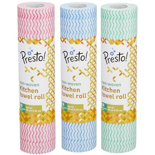 Amazon Brand - Presto Non-Woven Kitchen Towel Roll | 50 Pulls (Pack Of 3) | Size 30 X 25 Cm | Red, Blue & Green | Washable And Reusable | Highly Absorbent | For Daily Use