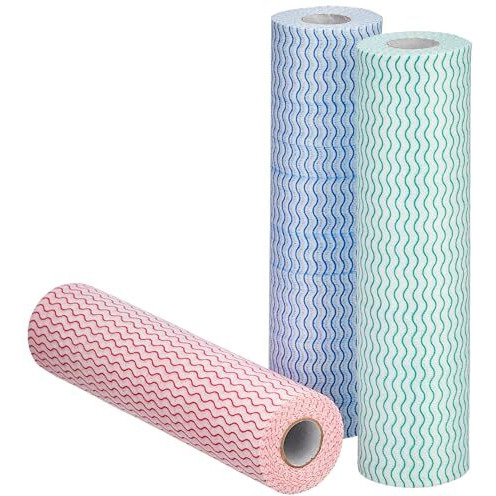 Amazon Brand - Presto Non-Woven Kitchen Towel Roll | 50 Pulls (Pack Of 3) | Size 30 X 25 Cm | Red, Blue & Green | Washable And Reusable | Highly Absorbent | For Daily Use
