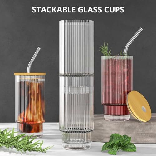 Syanka Stackable Glass Sipper With Wooden Lid And Straw Pack Of 2, 300 Ml - Coffee Mug With Lid, Use As A Travel Mug, Mason Jar, Can Sipper, Juice Cup. Ideal For Coffee, Green Tea, Iced Tea