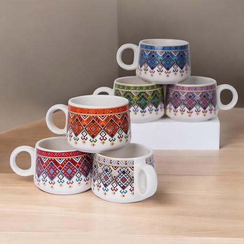 Craf10 Ceramic Print Bliss Tea Mugs  Set Of 6, 180 Ml, Elegant & Durable, Microwave & Dishwasher Safe