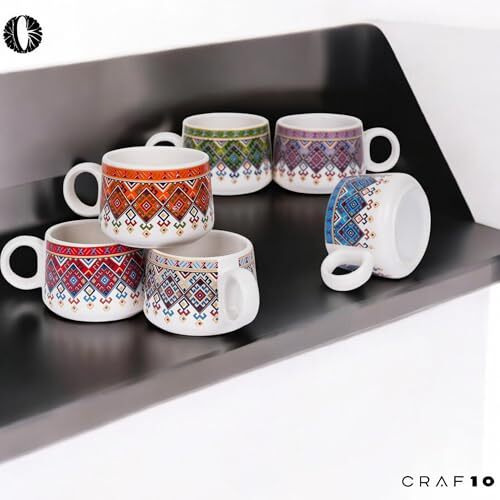 Craf10 Ceramic Print Bliss Tea Mugs  Set Of 6, 180 Ml, Elegant & Durable, Microwave & Dishwasher Safe
