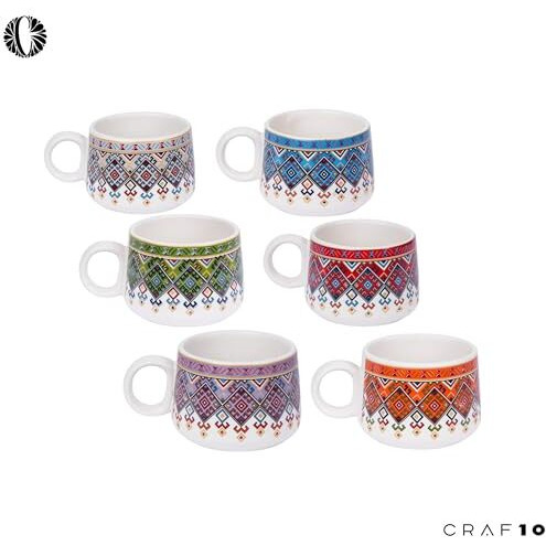 Craf10 Ceramic Print Bliss Tea Mugs  Set Of 6, 180 Ml, Elegant & Durable, Microwave & Dishwasher Safe