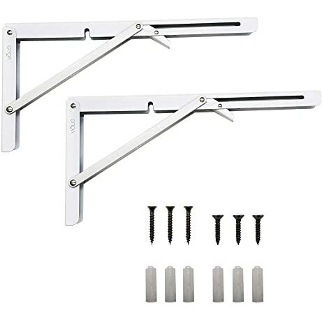 Volo Premium Heavy Duty 8" Foldable Mild Steel Racks, Shelf Bracket, L Bracket, Wall Brackets, Wall Angle Bracket, Folding Table Bracket With Fittings For Fold Down Steel Table. (ColorWhite)