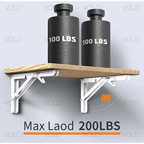 Volo Premium Heavy Duty 8" Foldable Mild Steel Racks, Shelf Bracket, L Bracket, Wall Brackets, Wall Angle Bracket, Folding Table Bracket With Fittings For Fold Down Steel Table. (ColorWhite)