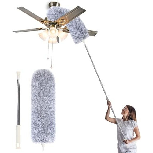Porslin Microfiber Feather Duster With 100-Inch Extendable Pole, Bendable Head & Long Handle For Cleaning High Ceilings, Ceiling Fans, Furniture, And Cars - Washable, Lightweight, And Sturdy
