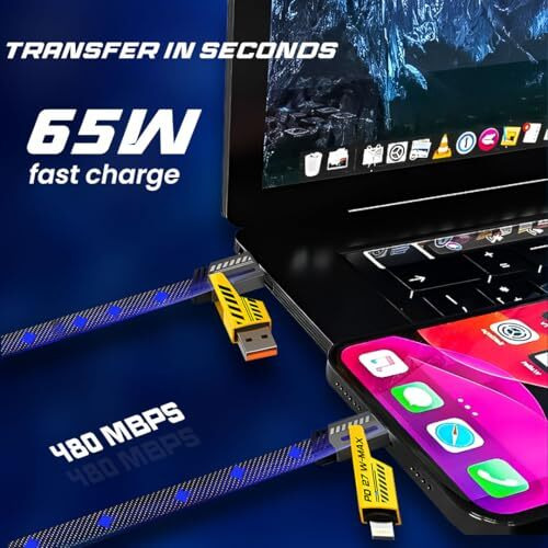 4 In 1 Braided Charging Cable Fast Charging 65W, 1.5M Rugged Style Usb C Cable 4-In-1 Usb Multi Charging Cable| Supporting Thunderbolt Port, Type C Lightning, Type A For All Iphones & Laptop
