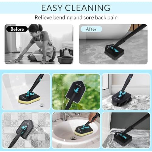 Ornola 3-In-1 Bathroom Cleaning Brush With Long Handle,1 Year Warranty, Tile Scrubber Brush Detachable Head,Hard Bristles, Microfiber Pad Combo For Tiles, Floor, Toilet, Window & Glass-Extendable Pole
