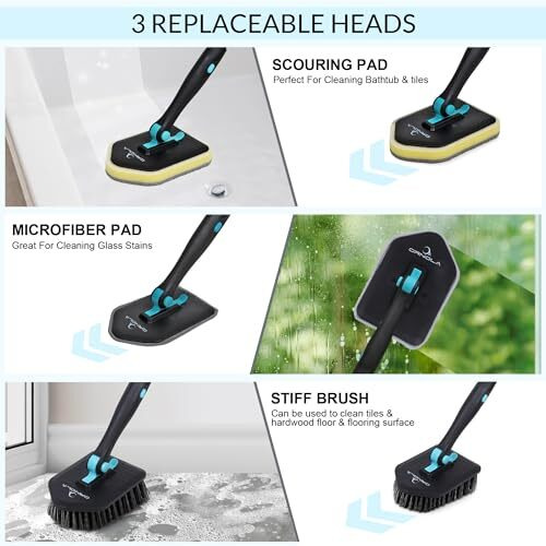 Ornola 3-In-1 Bathroom Cleaning Brush With Long Handle,1 Year Warranty, Tile Scrubber Brush Detachable Head,Hard Bristles, Microfiber Pad Combo For Tiles, Floor, Toilet, Window & Glass-Extendable Pole