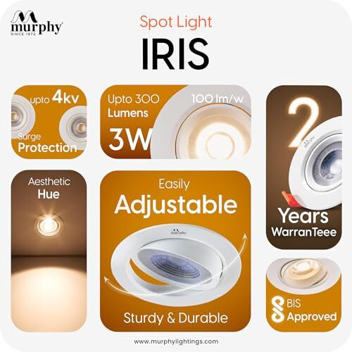 Murphy 3W Iris Led Adjustable Spot Downlight | Warm White Pack Of 8 Focus Light, Ceiling Spotlight For Deep Junction Box, Ideal For Accent & Display Lighting (2-Year Warranty)