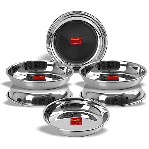 Sumeet Stainless Steel Heavy Gauge Small Halwa Plates With Mirror Finish 13.5Cm Dia - Set Of 6Pc