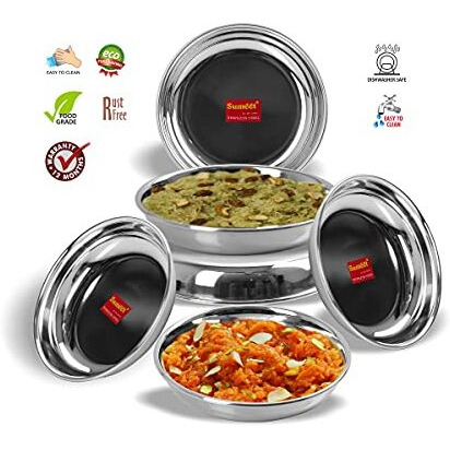 Sumeet Stainless Steel Heavy Gauge Small Halwa Plates With Mirror Finish 13.5Cm Dia - Set Of 6Pc