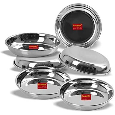 Sumeet Stainless Steel Heavy Gauge Small Halwa Plates With Mirror Finish 13.5Cm Dia - Set Of 6Pc