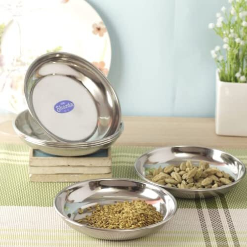 Sharda Metals Stainless Steel Side Serving Small Size Plates 13 Cm For Halwa, Poha, Snacks, Nashta And Kids Appetizers Round Plate Rust-Resistant Dishes, Dishwasher Safe - Set Of 6
