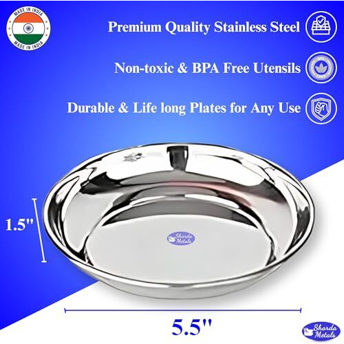 Sharda Metals Stainless Steel Side Serving Small Size Plates 13 Cm For Halwa, Poha, Snacks, Nashta And Kids Appetizers Round Plate Rust-Resistant Dishes, Dishwasher Safe - Set Of 6