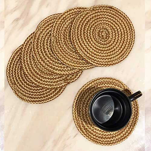 St Saprose  Polypropylene Round Coaster Set (6 Pcs Set) Machine Washable Absorbent Size 5 Inch Diameter (Jute-Skin Melange)