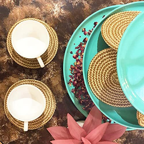 St Saprose  Polypropylene Round Coaster Set (6 Pcs Set) Machine Washable Absorbent Size 5 Inch Diameter (Jute-Skin Melange)
