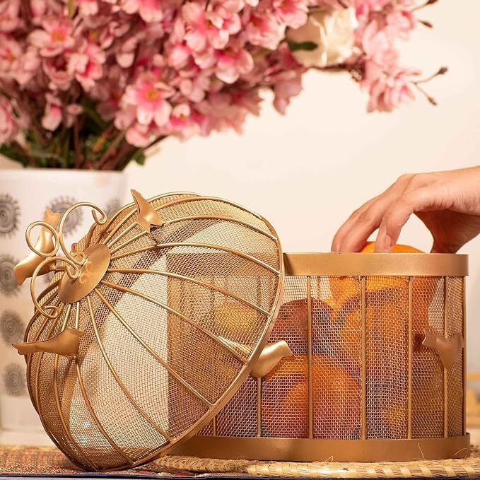 Dynamic Decore Gold Metal Fruit Vegetable Basket With Lid | Lunch Dinner Food Storage With Cover And Mesh Dining Table Home Office Bedroom Livingroom Marriage Gift Festival Picnic Centerpiece Decor