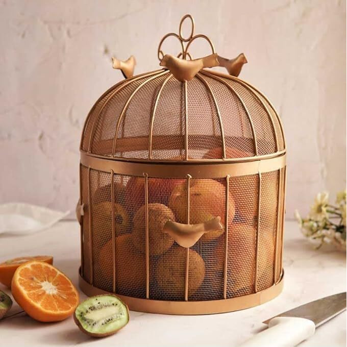 Dynamic Decore Gold Metal Fruit Vegetable Basket With Lid | Lunch Dinner Food Storage With Cover And Mesh Dining Table Home Office Bedroom Livingroom Marriage Gift Festival Picnic Centerpiece Decor