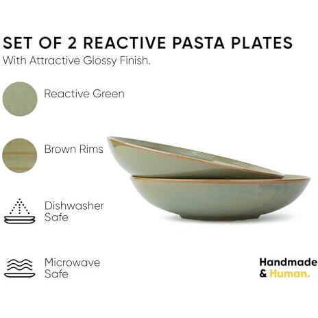 Shay Ceramic Pasta Bowl Set, 21Cm, 2 Pieces, Pista | Glossy Finish | Porcelain Ceramic Serving Bowls | Deep Plate | Pasta Serving (Reactive Pasta Plate - Pista)