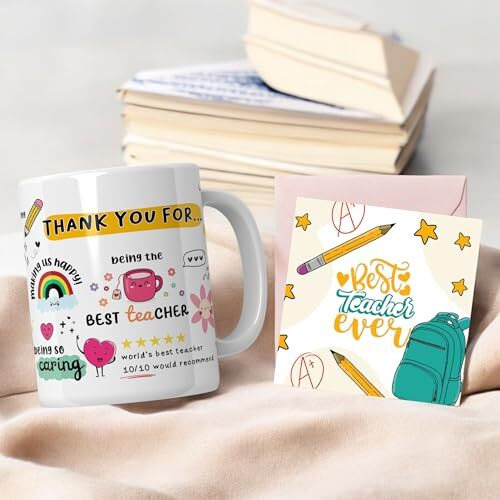 Since 7 Store Thank You Teacher Doodle Mug With Greeting Card, Appreciation Mug With Lovely Messages/Gift For Teacher's Day, Birthday Or Special Ocassion
