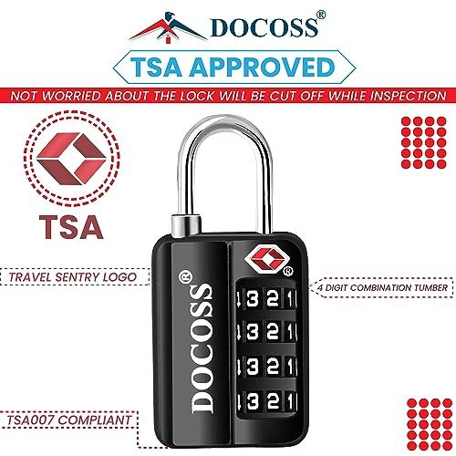 Docoss-116 Metal Tsa Locks For Luggage, Number Lock For Bag 4 Digit Small Locks For Luggage Tsa Lock Combination Password Locks For Travel (Black)