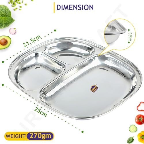 Urban Kraft 3In1 Stainless Steel Plates With Compartments/Small Tiffin Plates Set Of 2/ Idli Sambhar Plates/Partition Plates/Breakfast Plate/Steel Plates For Lunch/Dinner (Pack Of 2)