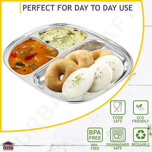 Urban Kraft 3In1 Stainless Steel Plates With Compartments/Small Tiffin Plates Set Of 2/ Idli Sambhar Plates/Partition Plates/Breakfast Plate/Steel Plates For Lunch/Dinner (Pack Of 2)