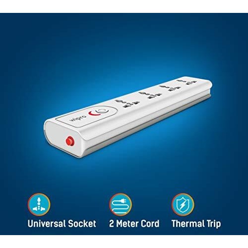 Wipro Extension Board With 4 Universal Sockets & 1 Master Switch | Spike Guard With Indicator | 2 Mtr Long Cord | Overload Protection | Multiplug Powerstrip For Home, Office | Grey & White, 220 Volts