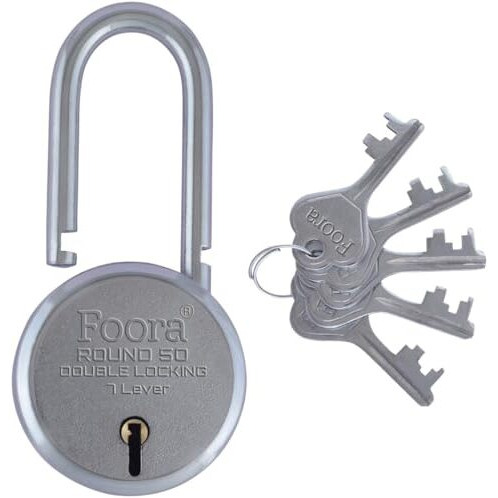 Foora Small Lock And Keys, Round 50Mm Long Neck Shackle Padlock, Double Locking 7 Lever, Door Lock For Home, Gate Lock, Shutter Lock, With 5 Keys