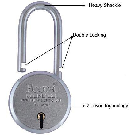 Foora Small Lock And Keys, Round 50Mm Long Neck Shackle Padlock, Double Locking 7 Lever, Door Lock For Home, Gate Lock, Shutter Lock, With 5 Keys