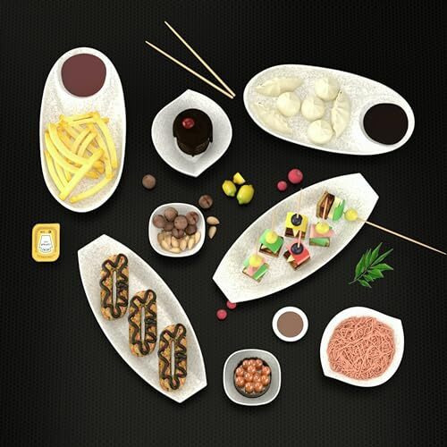 Castleite Laurel Peony Multi-Purpose Kitchen Rectangular, Oval & Square Serving Platter Deluxe Melamine Crockery Set Of 8 - Versatile Chip And Dip Tray For Snacks, Starters & Desserts (Marble White)