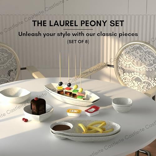 Castleite Laurel Peony Multi-Purpose Kitchen Rectangular, Oval & Square Serving Platter Deluxe Melamine Crockery Set Of 8 - Versatile Chip And Dip Tray For Snacks, Starters & Desserts (Marble White)