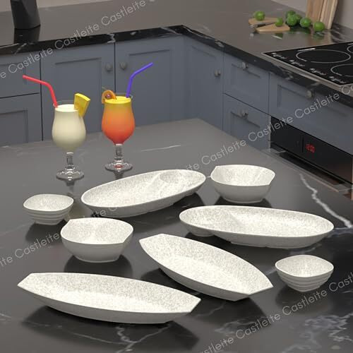 Castleite Laurel Peony Multi-Purpose Kitchen Rectangular, Oval & Square Serving Platter Deluxe Melamine Crockery Set Of 8 - Versatile Chip And Dip Tray For Snacks, Starters & Desserts (Marble White)