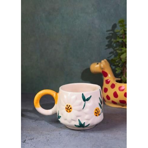 Weaving Homes Daisy Bloom Mug 250 Ml Handmade Ceramic Mugs Gift To Best Friend Coffee/Tea/Milk/Green Tea/Cold Coffee Mugs/Cup Microwave Safe & Dishwasher Safe (Set Of 1)
